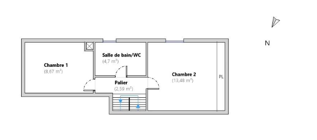 Plan coté du niveau 2 : palier, chambre de 8,67 m², chambre de 13,48 m² et salle de bains avec WC