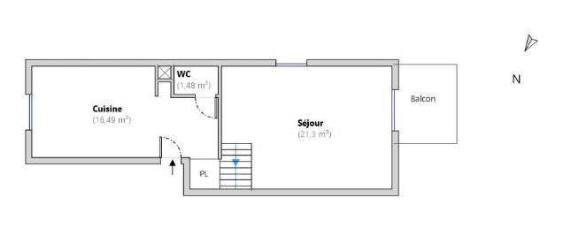 Plan coté du niveau 1 : cuisine de 16,49 m², WC, séjour de 21,3 m² et balcon
